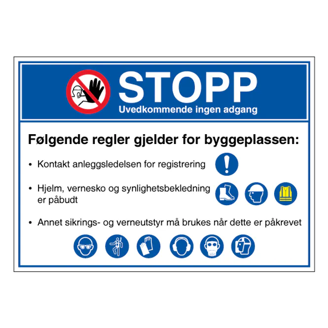 Hovedbilde Byggeplasskilt med HMS-påbud for verneutstyr
