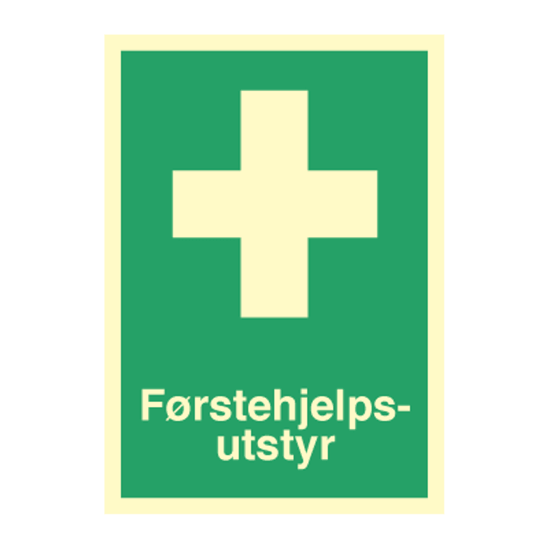Førstehjelpsutstyr - førstehjelpsskilt med symbol og tekst