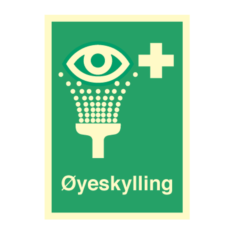 Øyeskylling - førstehjelpsskilt med symbol og tekst