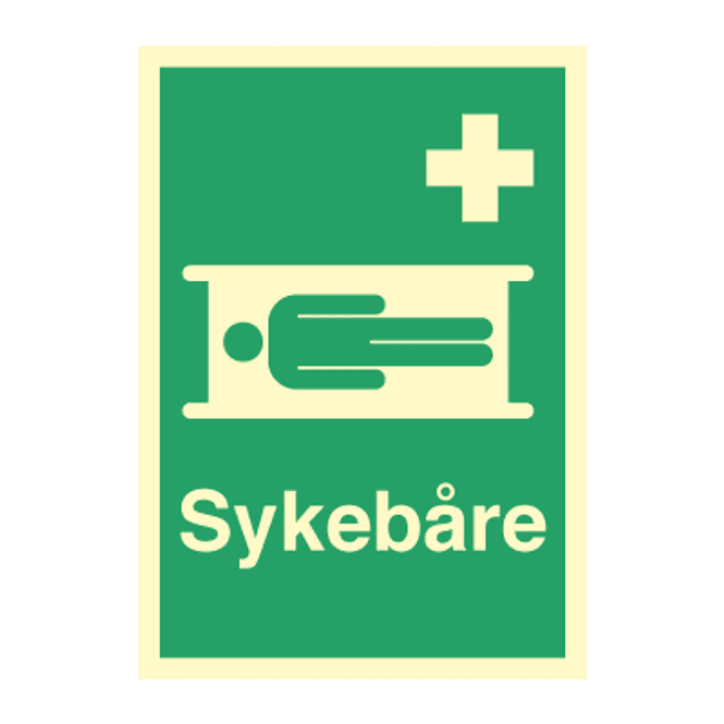 Hovedbilde Sykebåre - førstehjelpsskilt med symbol og tekst