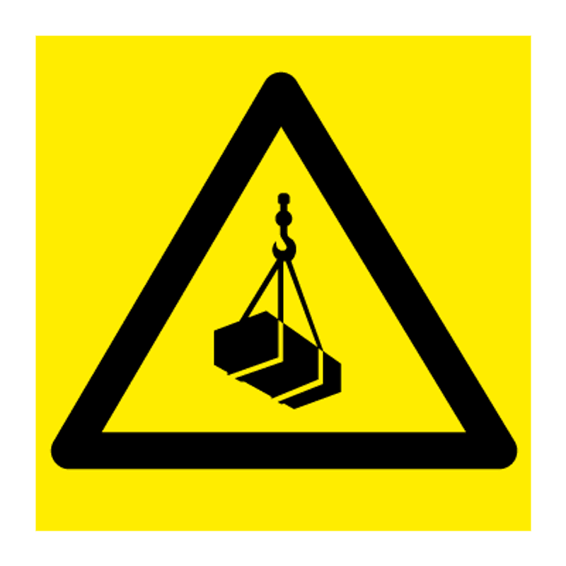 Hengende last - fareskilt med symbol