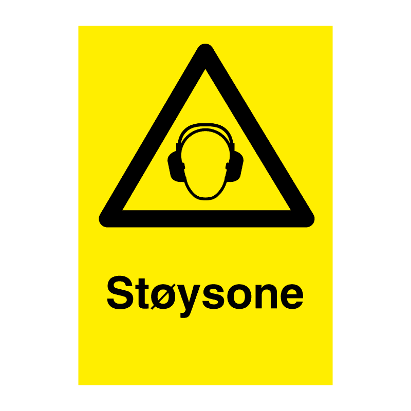 Støysone - fareskilt med symbol og tekst