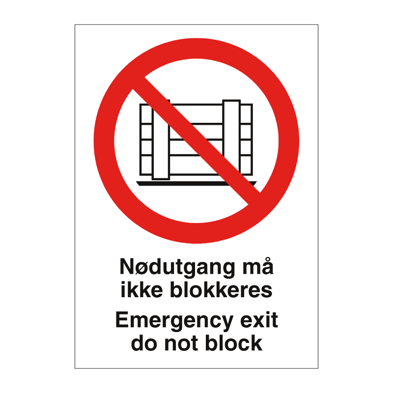 Skilt - Nødutgang må ikke blokkeres 210 x 297 mm