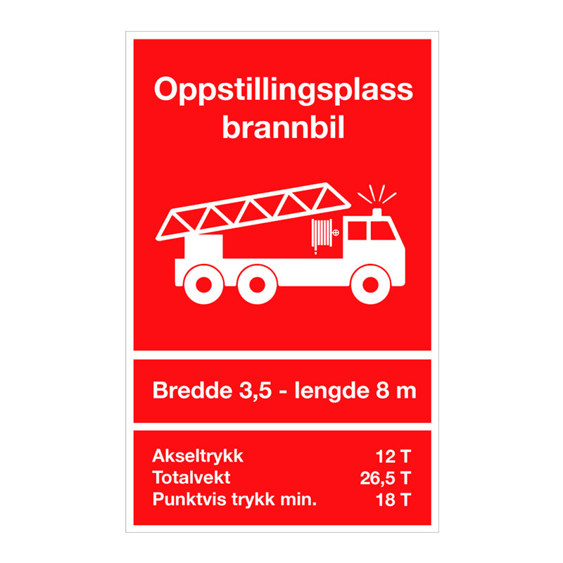 Oppstillingsplass for brannbil - Skilt med symbol og tekst
