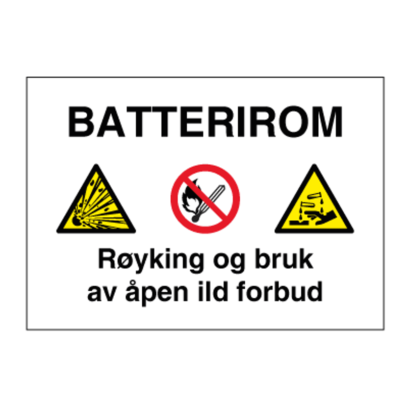 Batterirom - Fareskilt med symboler og tekst