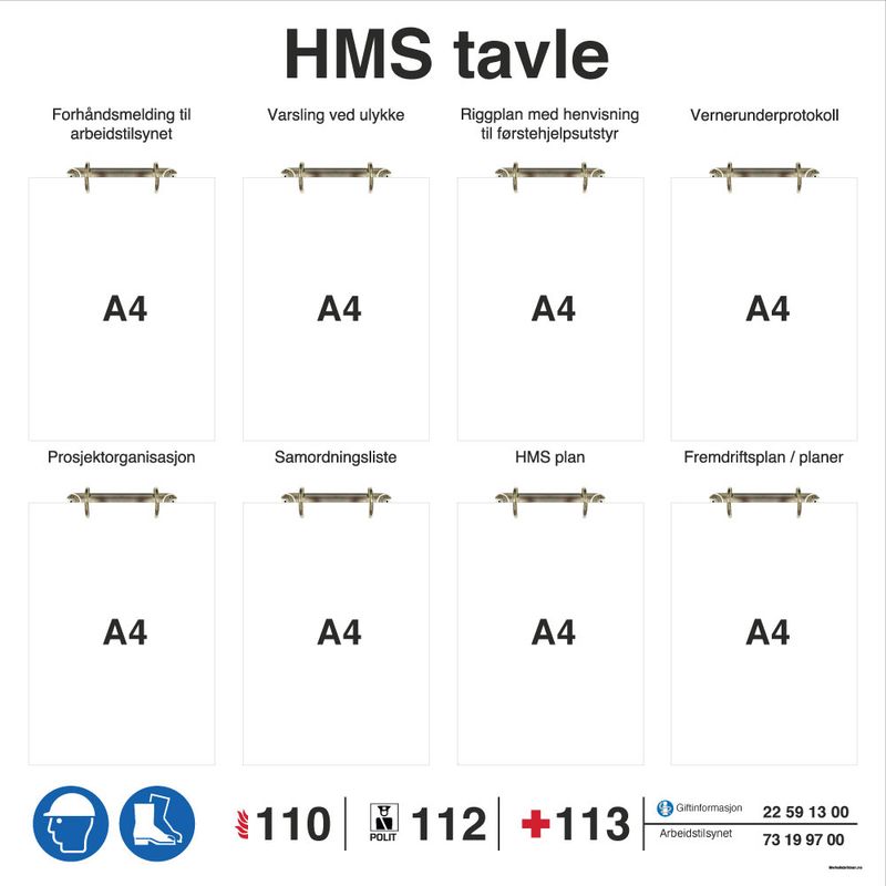 HMS tavle i aluminium med ringpermholdere