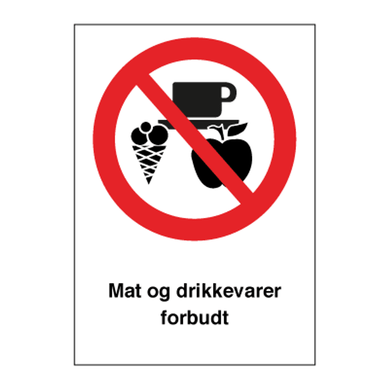 Mat og drikkevarer forbudt - Forbudsskilt med symbol og tekst