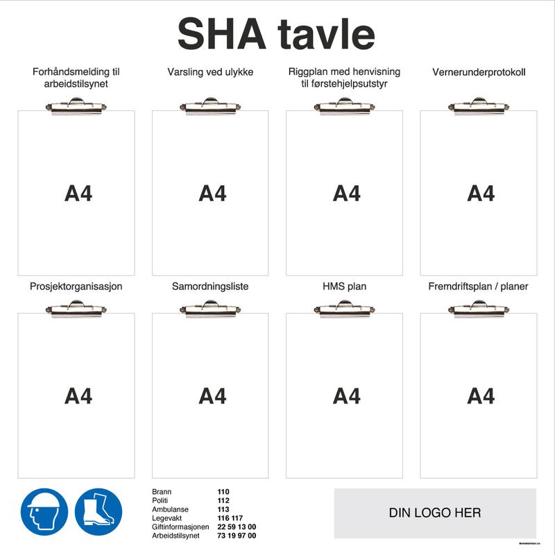 SHA tavle i aluminium med klyper og firma logo for entreprenører