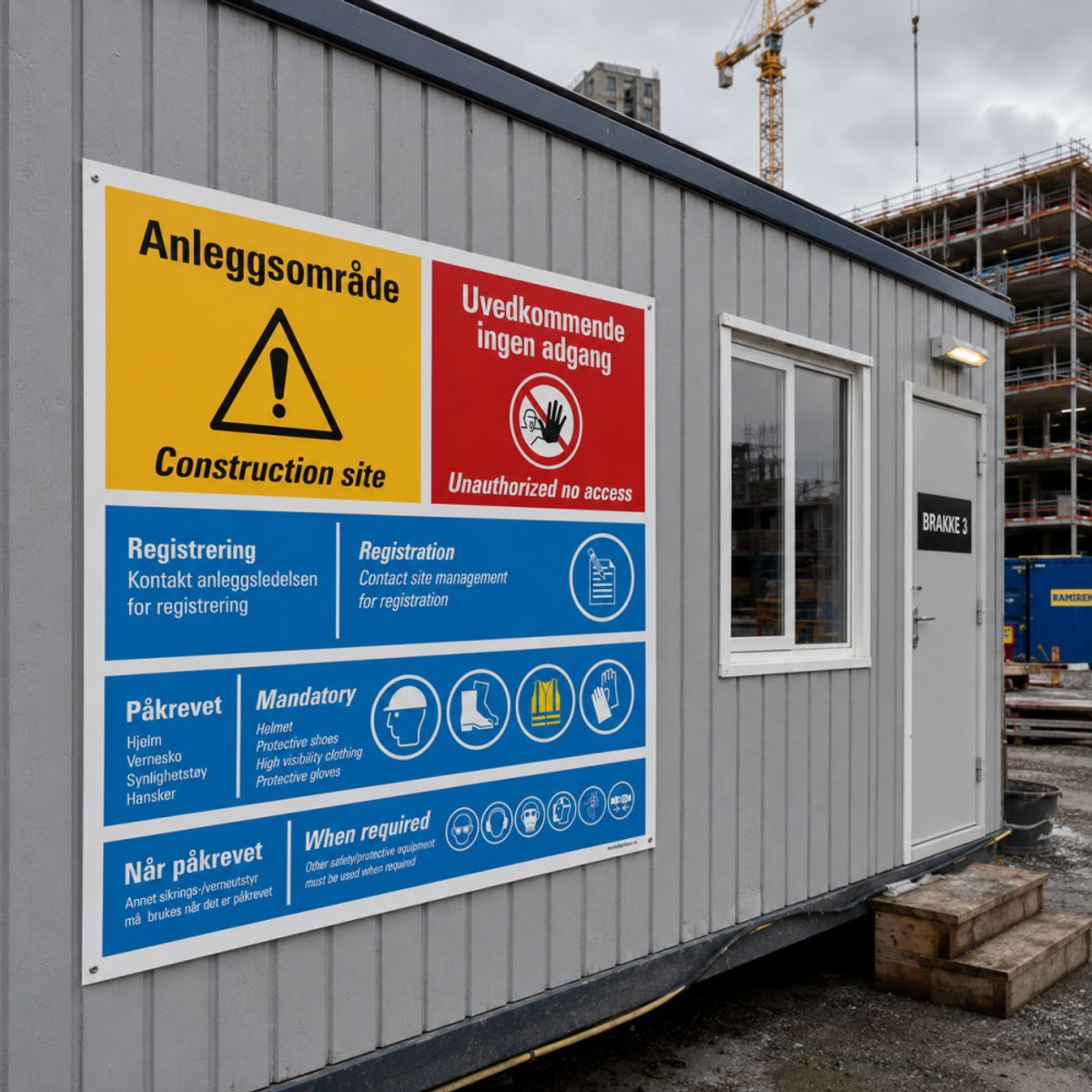HMS byggeplasskilt på norsk og engelsk – påbud, forbud og farer