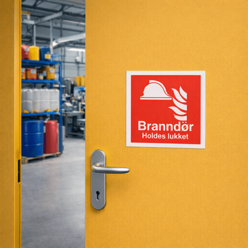 Branndør holdes lukket - brannskilt med symbol og tekst
